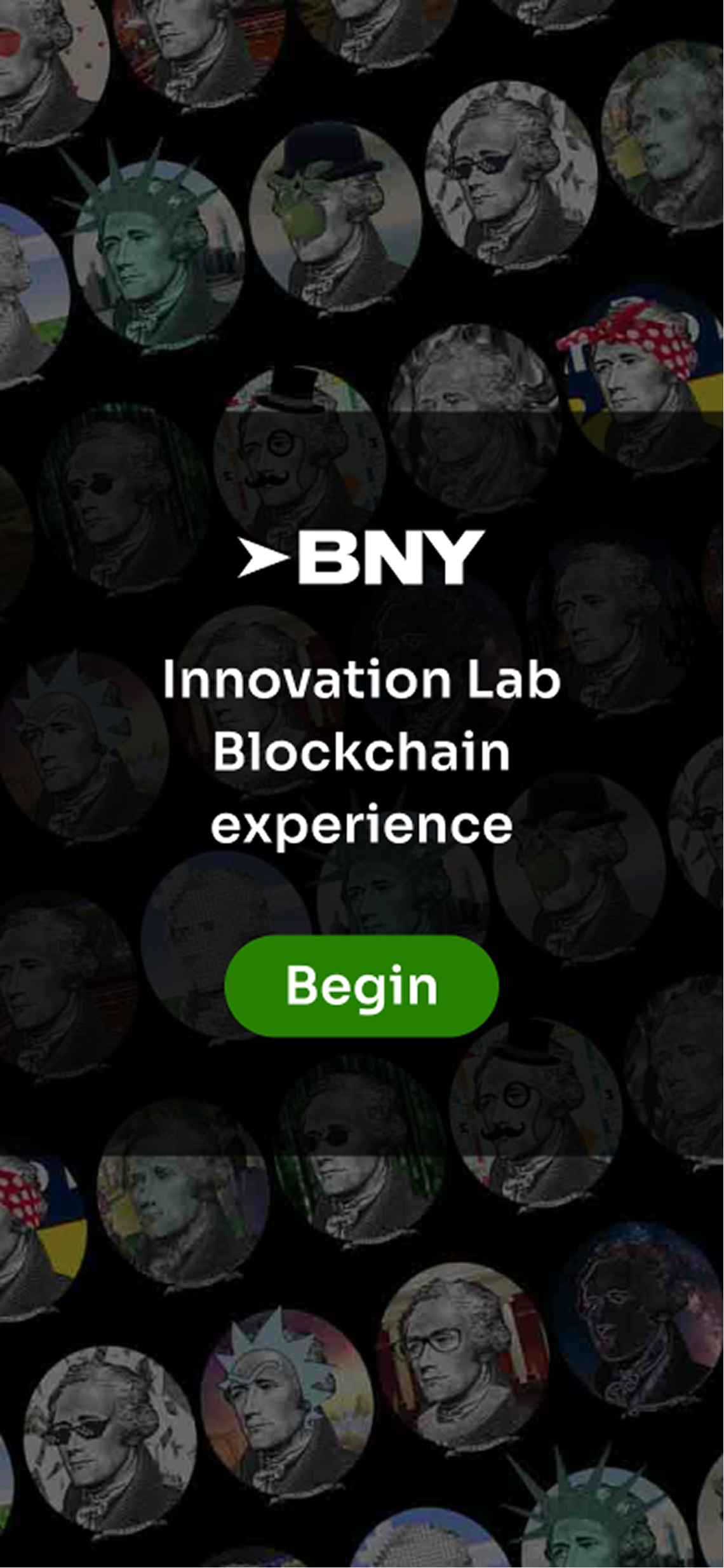 Mobile screen 1 of BNY Mellon NFT minting experience